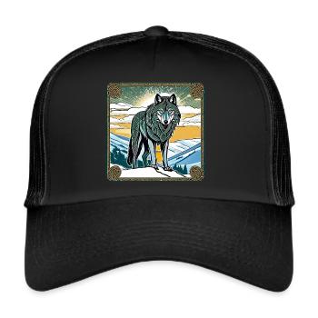 Cooler Wolf im keltischen Style - Trucker Cap - Schwarz/Schwarz - Vorne
