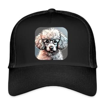 Niedlicher Zwergpudel mit Brille I - Trucker Cap - Schwarz/Schwarz - Vorne