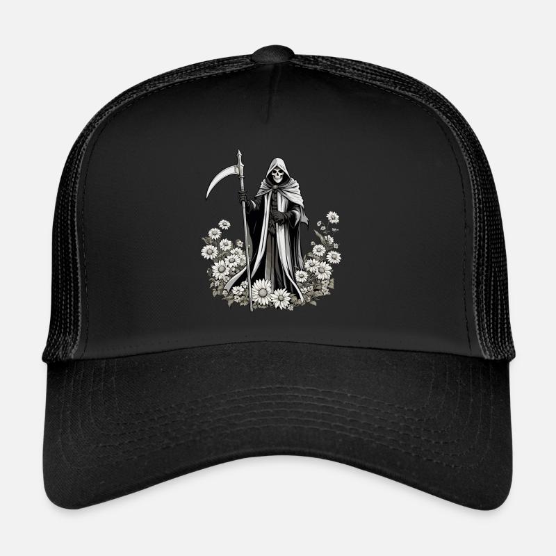 Grim Reaper Flowers Illustration Trucker Cap