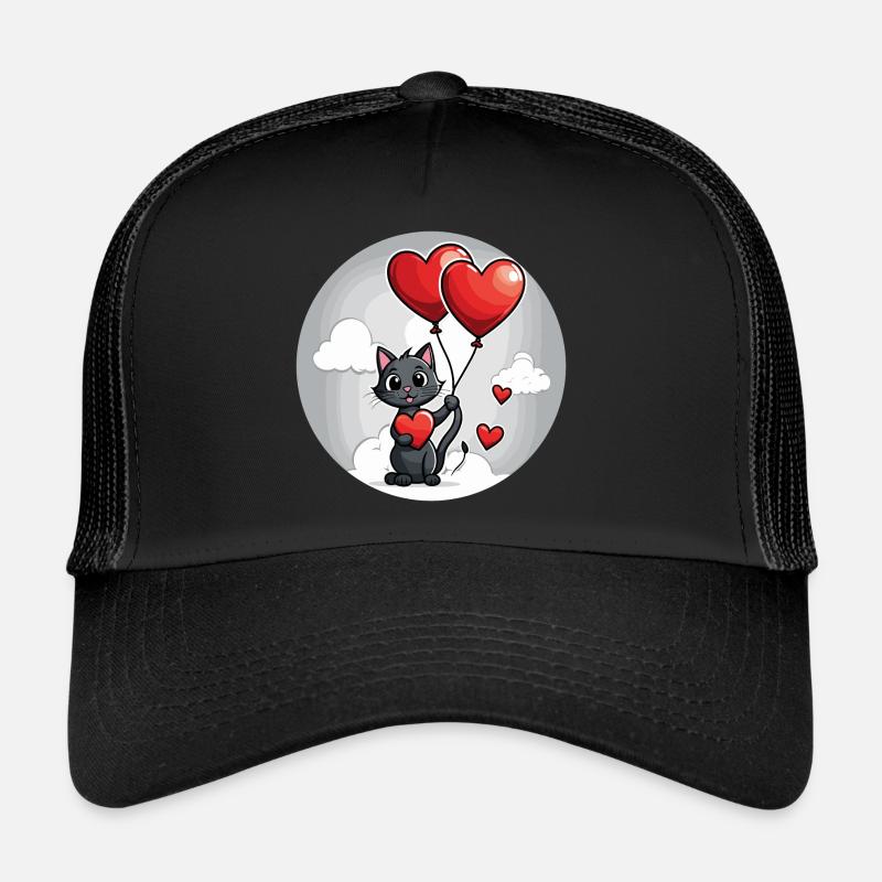 Katze Herz - Valentinstag - Trucker Cap - Schwarz/Schwarz