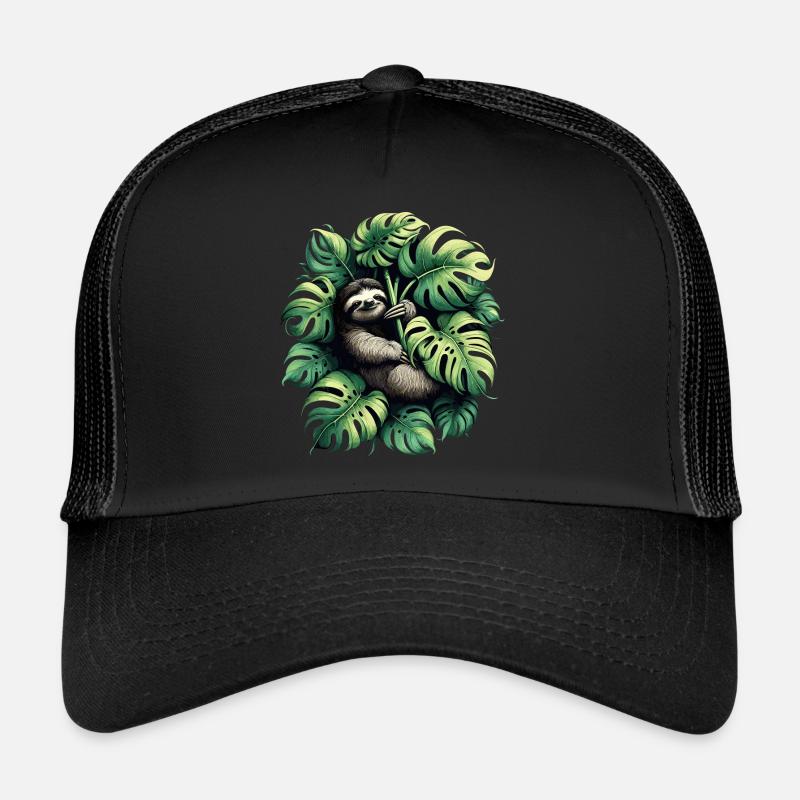 Monstera deliciosa Faultier Geschenk - Trucker Cap - Schwarz/Schwarz