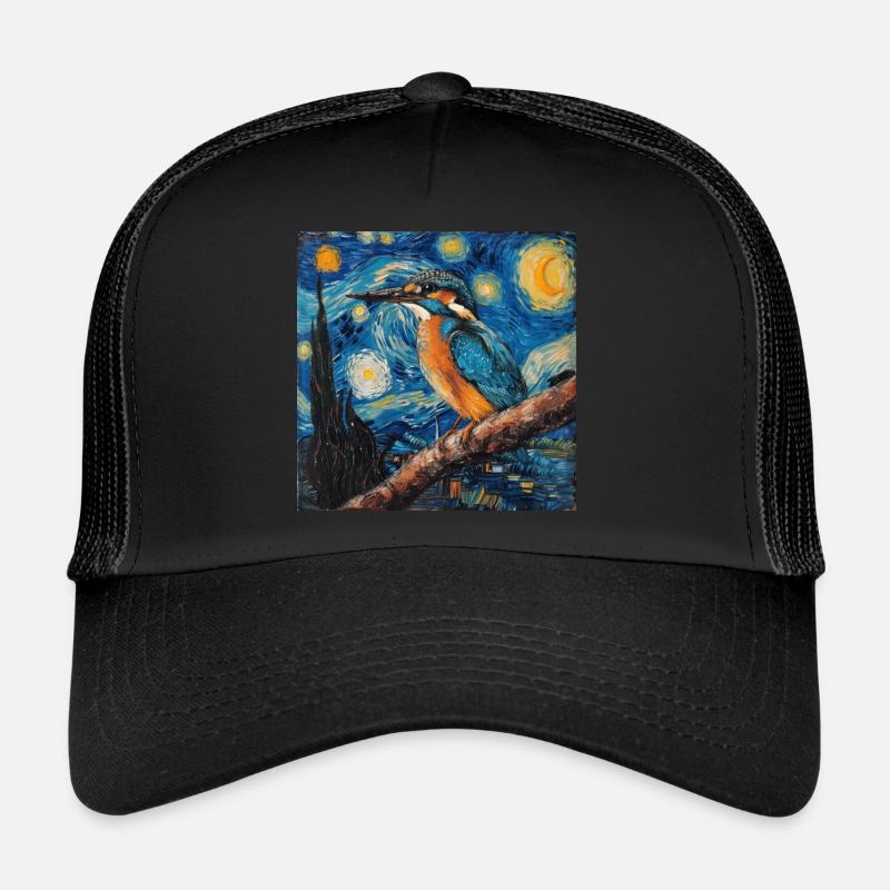 eisvogel, vogel, van gogh, sternennacht - Trucker Cap - Schwarz/Schwarz