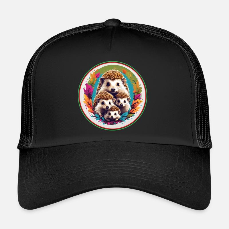 Mignon adorable hérisson famille dans un cercle de feuilles Casquette trucker 