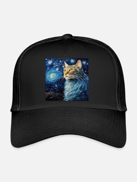 Chat, Motif De Chat, Van Gogh, Nuit Étoilée - Casquette trucker  - noir/noir - Devant