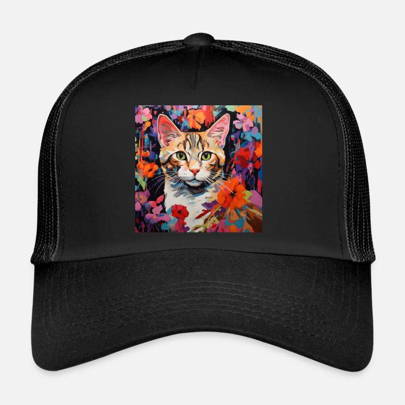 chat, motif de chat, fleurs, cadeau, idée cadeau Casquette trucker 