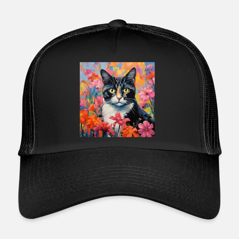 chat, motif de chat, fleurs, cadeau, idée cadeau Casquette trucker 