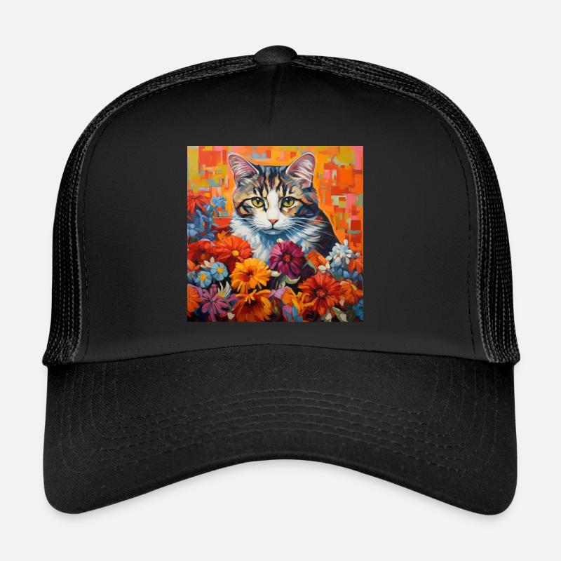 chat, motif de chat, fleurs, cadeau, idée cadeau Casquette trucker 