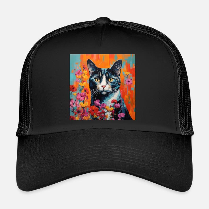 chat, motif de chat, fleurs, cadeau, idée cadeau Casquette trucker 