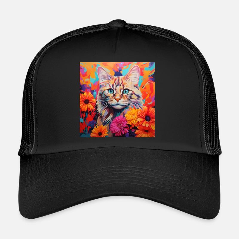 chat, motif de chat, fleurs, cadeau, idée cadeau Casquette trucker 