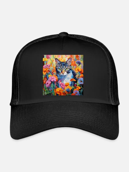 chat, motif de chat, fleurs, cadeau, idée cadeau - Casquette trucker  - noir/noir - Devant