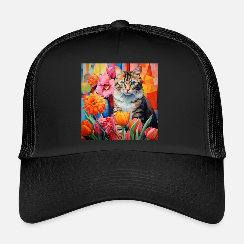 chat, motif de chat, fleurs, cadeau, idée cadeau Casquette trucker 