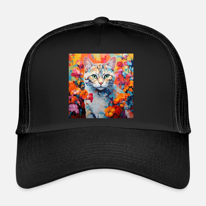 chat, motif de chat, fleurs, cadeau, idée cadeau Casquette trucker 