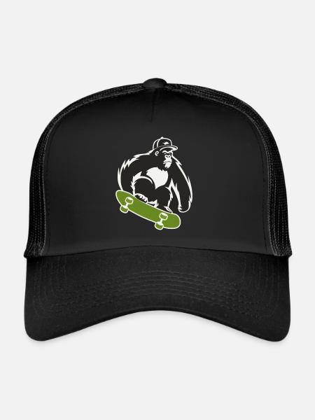 Planche à roulettes, Skateboarder, Skater, Gorille, Singe, Animal - Casquette trucker  - noir/noir - Devant