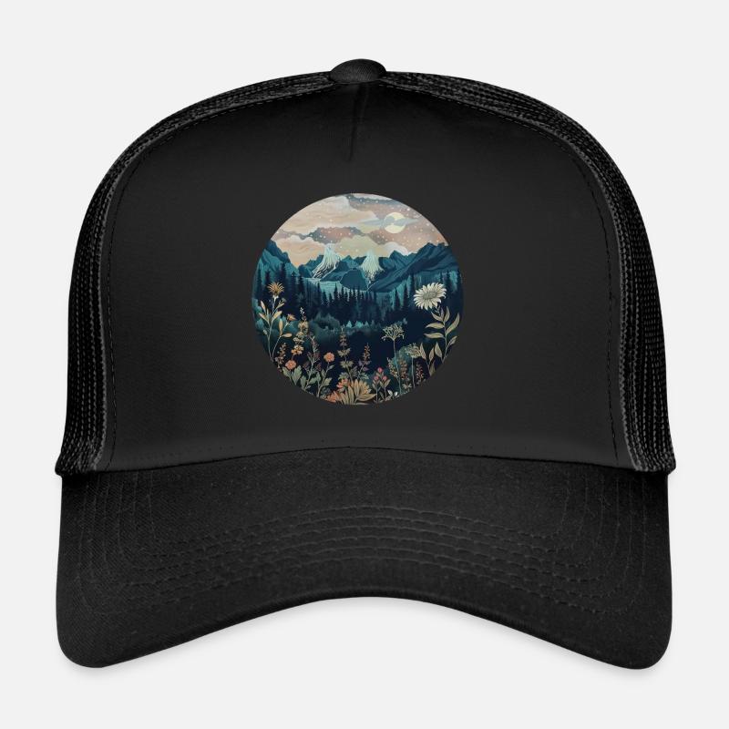 Boho, Flowers, Mountains, Landscape, Nature, Trees Trucker Cap