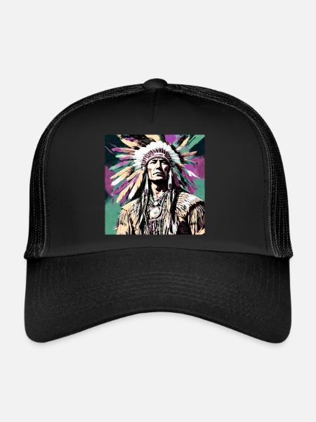 Winnetou,Indien,Illustration,Graffiti,Coloré,Beige - Casquette trucker  - noir/noir - Devant