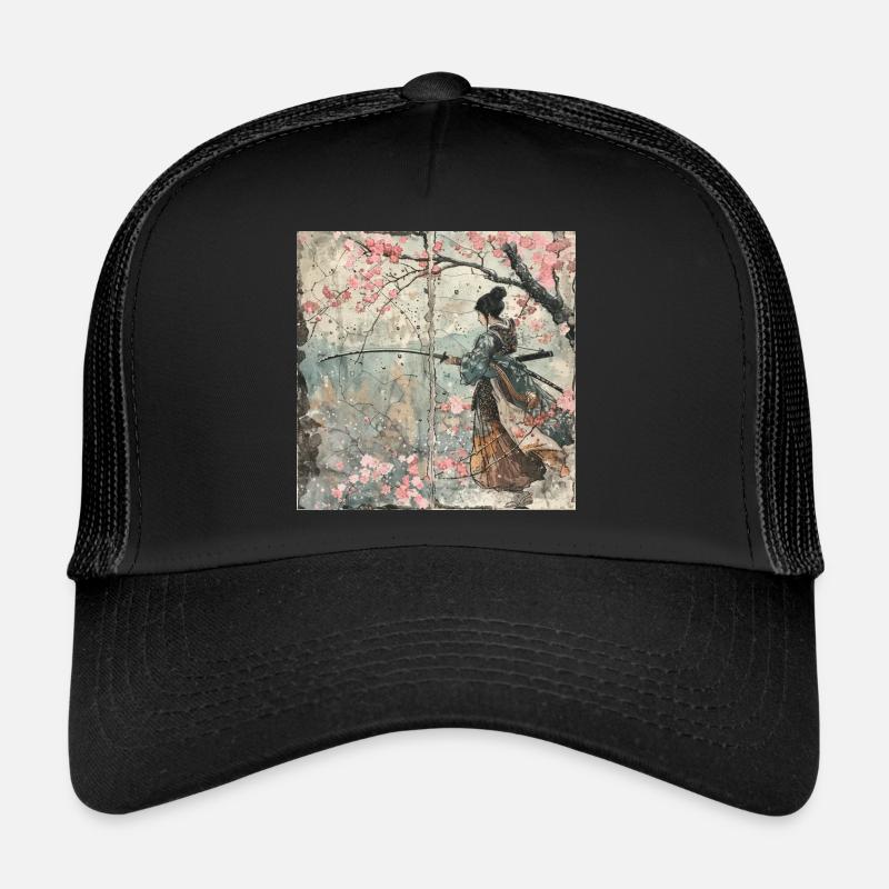 Japanisch, Samurai, Kirschblüte, Kunst, Ukiyo-E, s - Trucker Cap - Schwarz/Schwarz