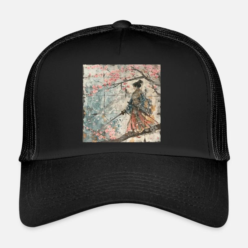 Japanisch, Samurai, Kirschblüte, Kunst, Ukiyo-E - Trucker Cap - Schwarz/Schwarz