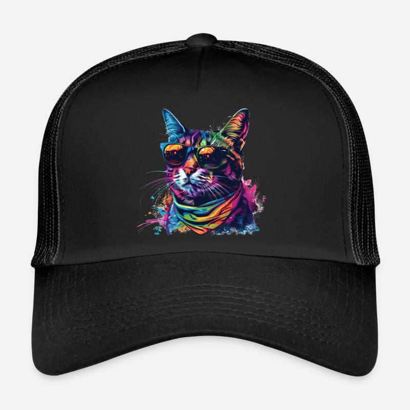 Regenbogen Graffiti Katze mit Sonnenbrille - Trucker Cap - Schwarz/Schwarz
