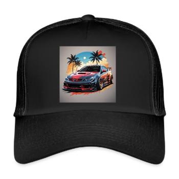 JDM Sportcar Tuning Stadt Palmen Drift - Trucker Cap - Schwarz/Schwarz - Vorne