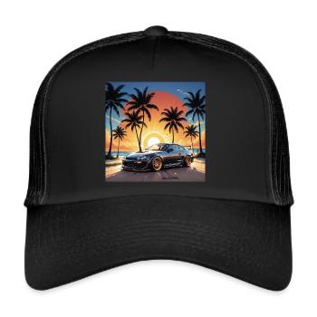 JDM Sportcar Tuning Strand Palmen - Trucker Cap - Schwarz/Schwarz - Vorne
