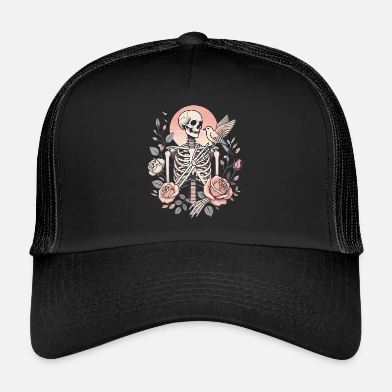 Skeleton Roses with Bird Illustration Trucker Cap
