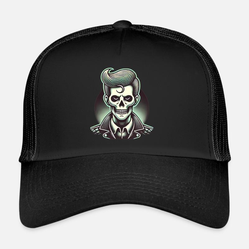 Rockabilly Zombie Schädel Illustration - Trucker Cap - Schwarz/Schwarz