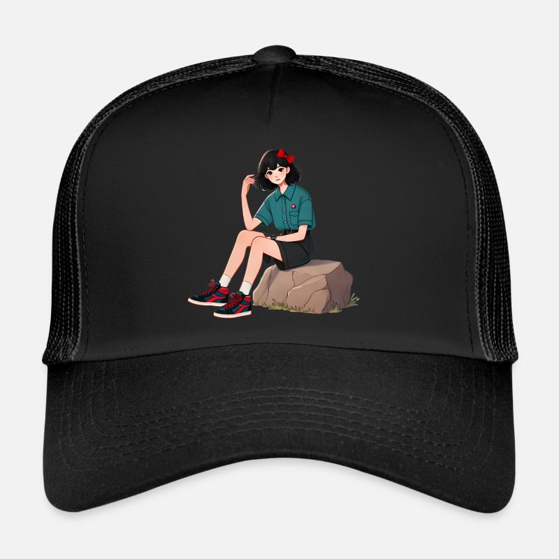 Retro-Mädchen mit roter Schleife Illustration Trucker Cap