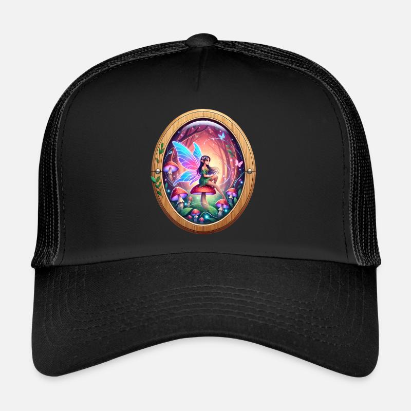 Fée sur un motif de champignon arc-en-ciel - Casquette trucker  - noir/noir
