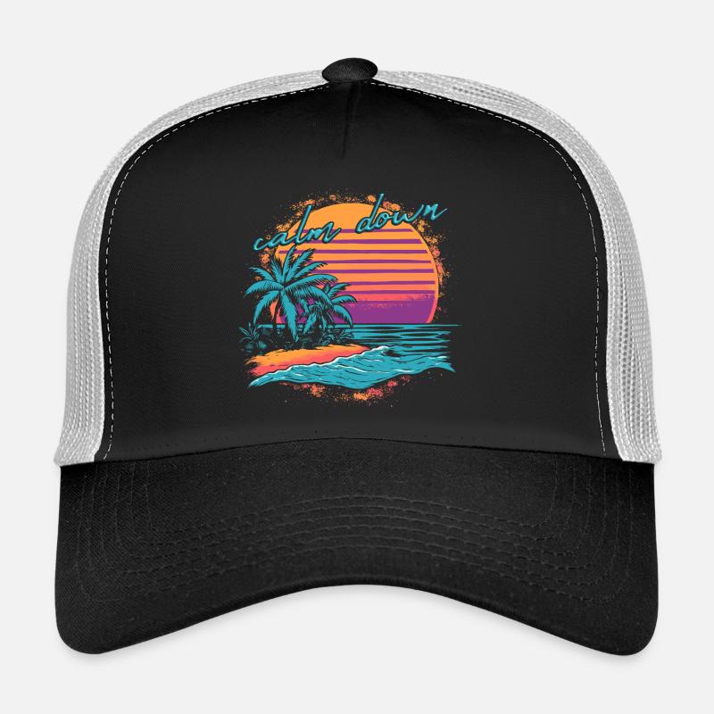 Calm Down Beach Sunset Palm Trees Vacation Bath Time Trucker Cap