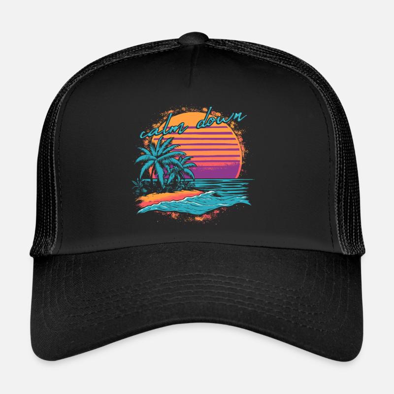 Calm Down Beach Sunset Palm Trees Vacation Bath Time Trucker Cap