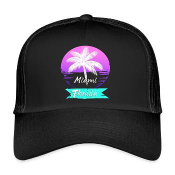 miami florida sunset neon beach palmen - Trucker Cap - Schwarz/Schwarz - Vorne