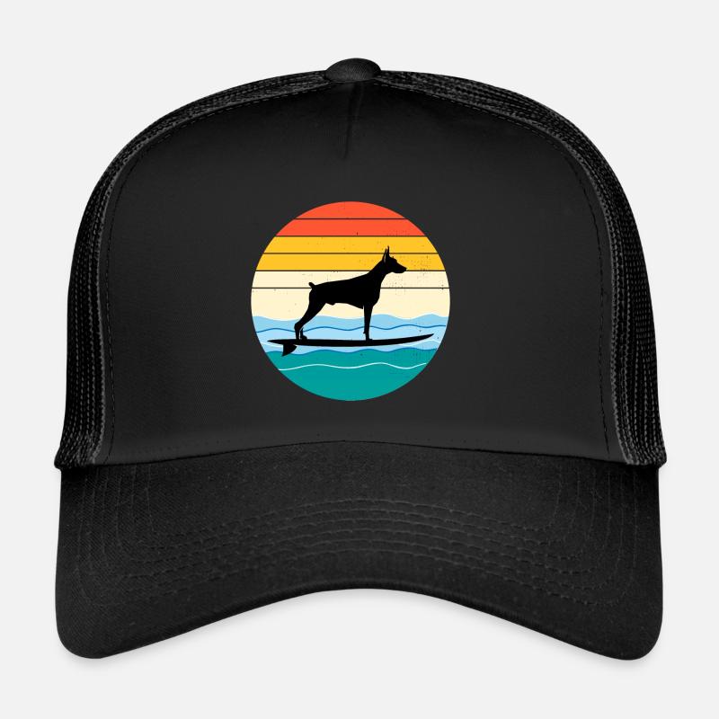 Dobermann Owner Dog Surfing Sea Waves Trucker Cap