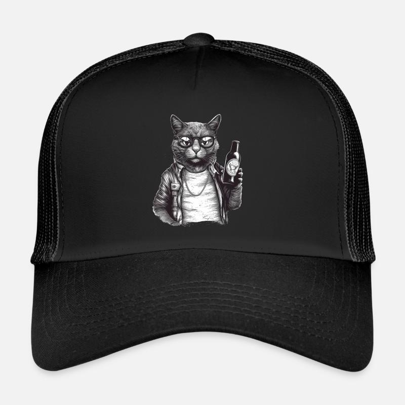 Cool cat with beer, leather jacket and sunglasses Trucker Cap