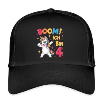 Boom! Ich bin 4 - Einhorn - Trucker Cap - Schwarz/Schwarz - Vorne