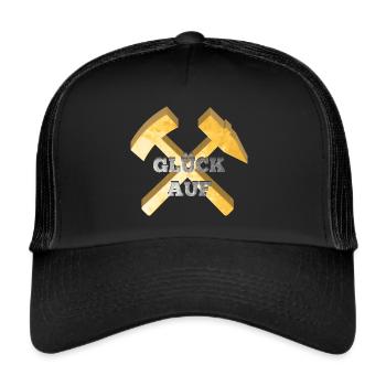 Glück auf Logo Bergmann Bergbau Spruch Geschenk - Trucker Cap - Schwarz/Schwarz - Vorne