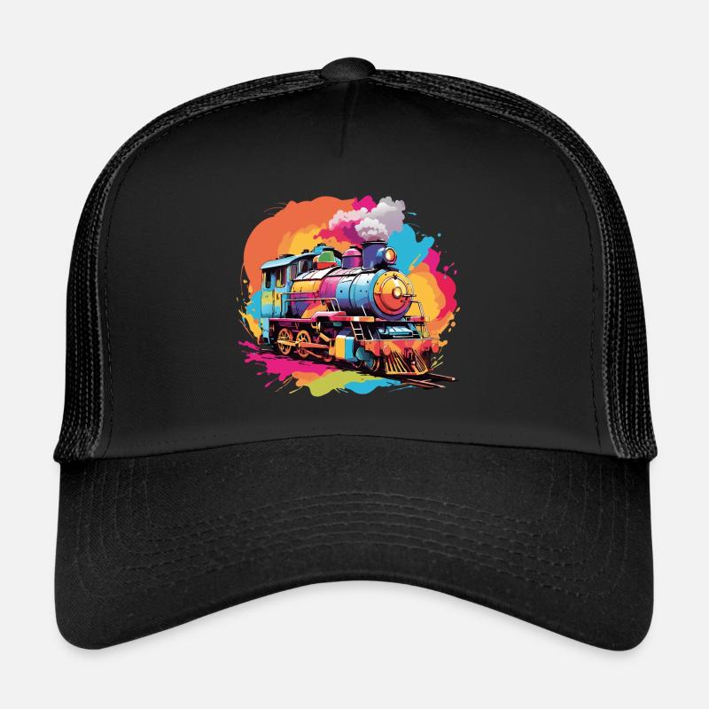 Bunte farbenfrohe Dampflokomotive - Trucker Cap - Schwarz/Schwarz