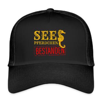 Schwimmabzeichen Seepferdchen Geschenk - Trucker Cap - Schwarz/Schwarz - Vorne