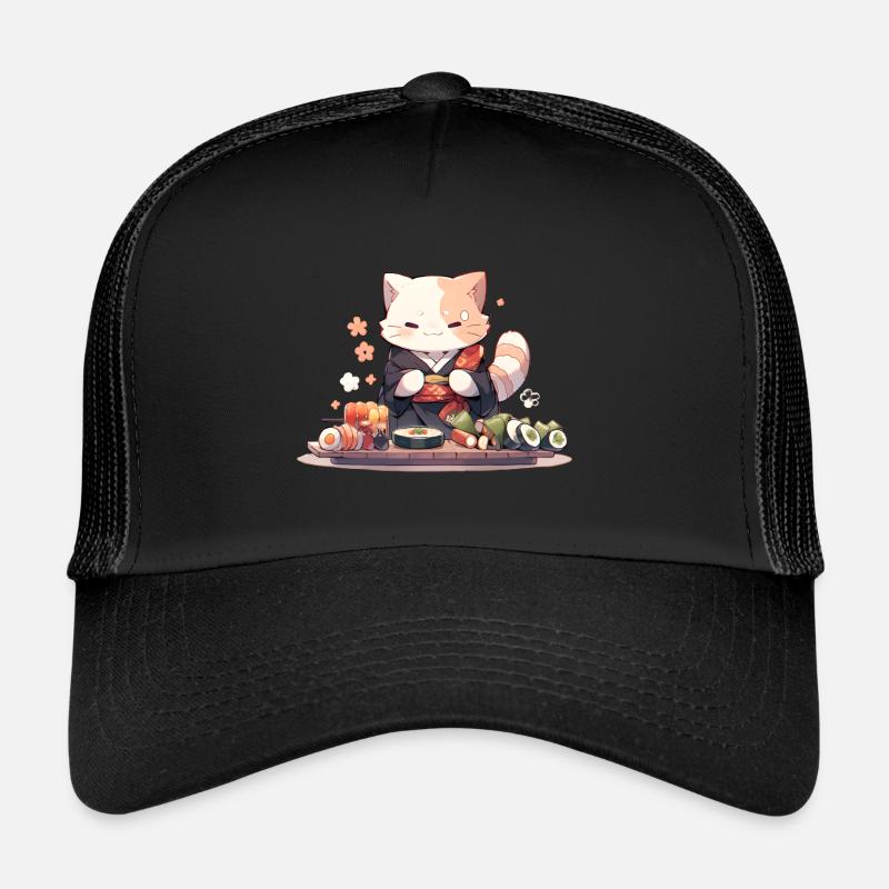 Chat samouraï mange des sushis - Casquette trucker  - noir/noir