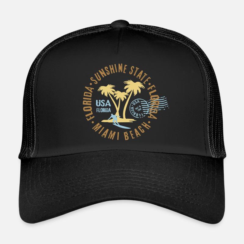 Miami Beach, Floride, palmiers, surf, timbre surfeur Casquette trucker 
