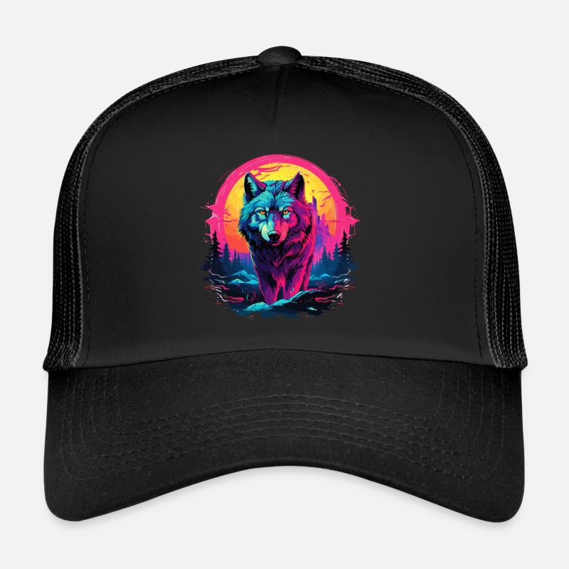 Wolf Wolfskopf Wölfe Wolfsrudel Natur Neon Bunt - Trucker Cap - Schwarz/Schwarz