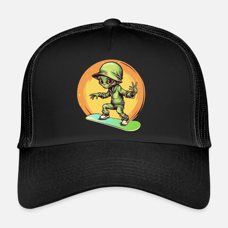 Alien sur le skateboard spatial au coucher du soleil Casquette trucker 