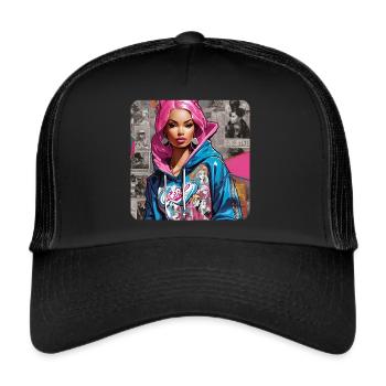 Cooles Girl mit pinken Haaren Graffiti Hip Hop Rap - Trucker Cap - Schwarz/Schwarz - Vorne