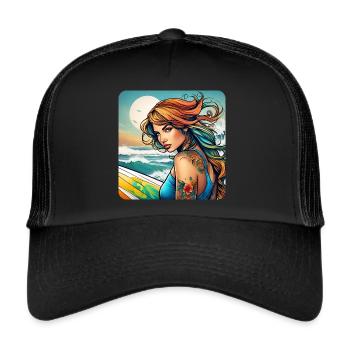 Jolie surfeuse fille sur la plage avec coucher de soleil - Casquette trucker  - noir/noir - Devant