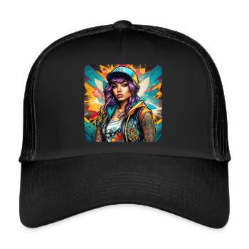 Cooles Girl mit lila HaarTattoos Hip Hop Graffiti - Trucker Cap - Schwarz/Schwarz - Vorne