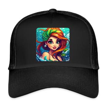 Niedliche Meerjungfrau Comic Anime Zeichentrick - Trucker Cap - Schwarz/Schwarz - Vorne