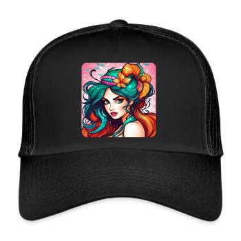 Niedliche Meerjungfrau mit Muscheln Comic Anime - Trucker Cap - Schwarz/Schwarz - Vorne