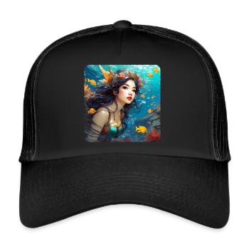 Cute Mermaid with Fish Anime - Trucker Cap - black/black - Front