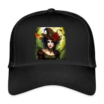 Fée d’Halloween avec chapeau et fleurs - Casquette trucker  - noir/noir - Devant