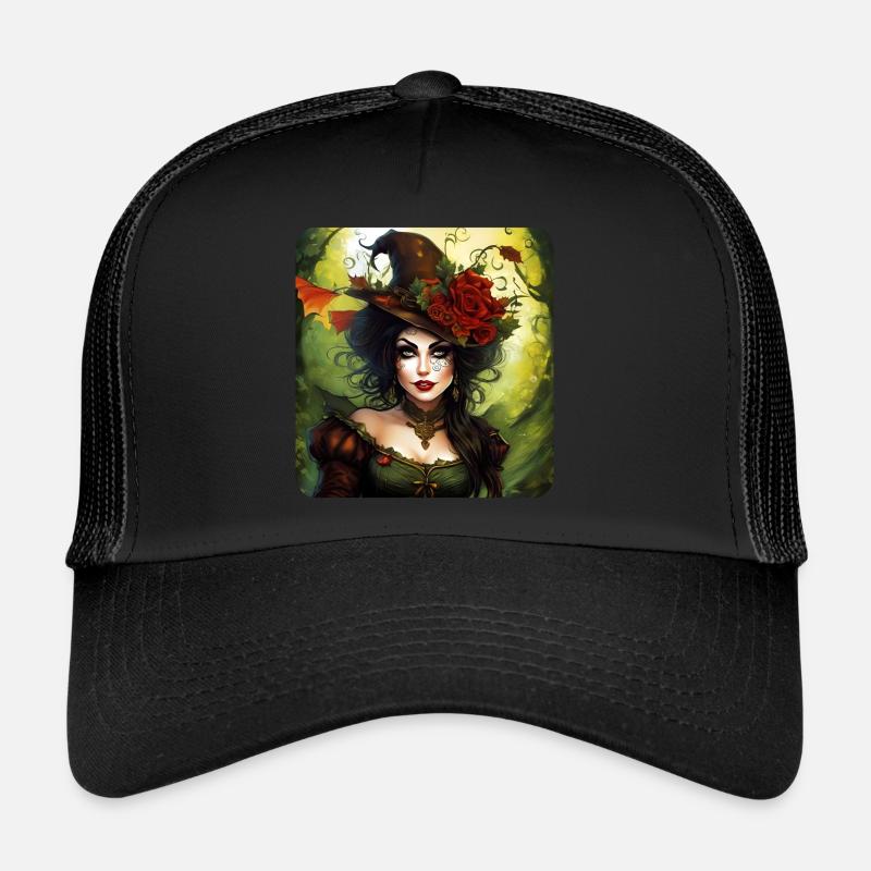 Fée d’Halloween avec chapeau et fleurs - Casquette trucker - noir/noir