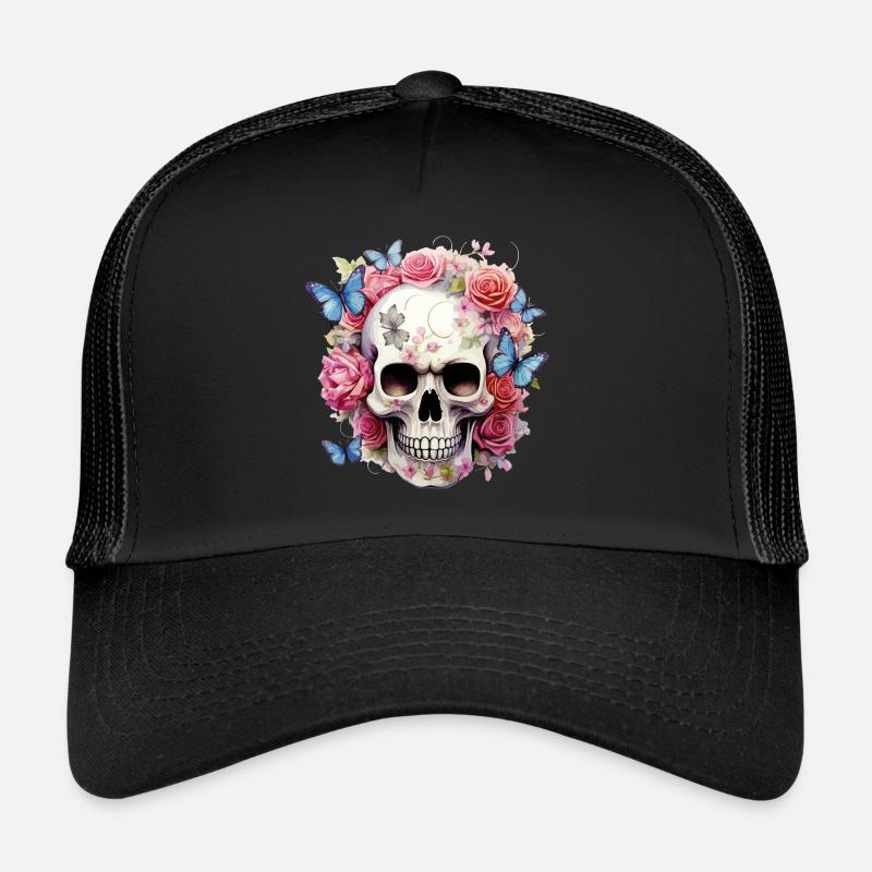 Crâne Crâne Roses Fleurs Papillons Casquette trucker 